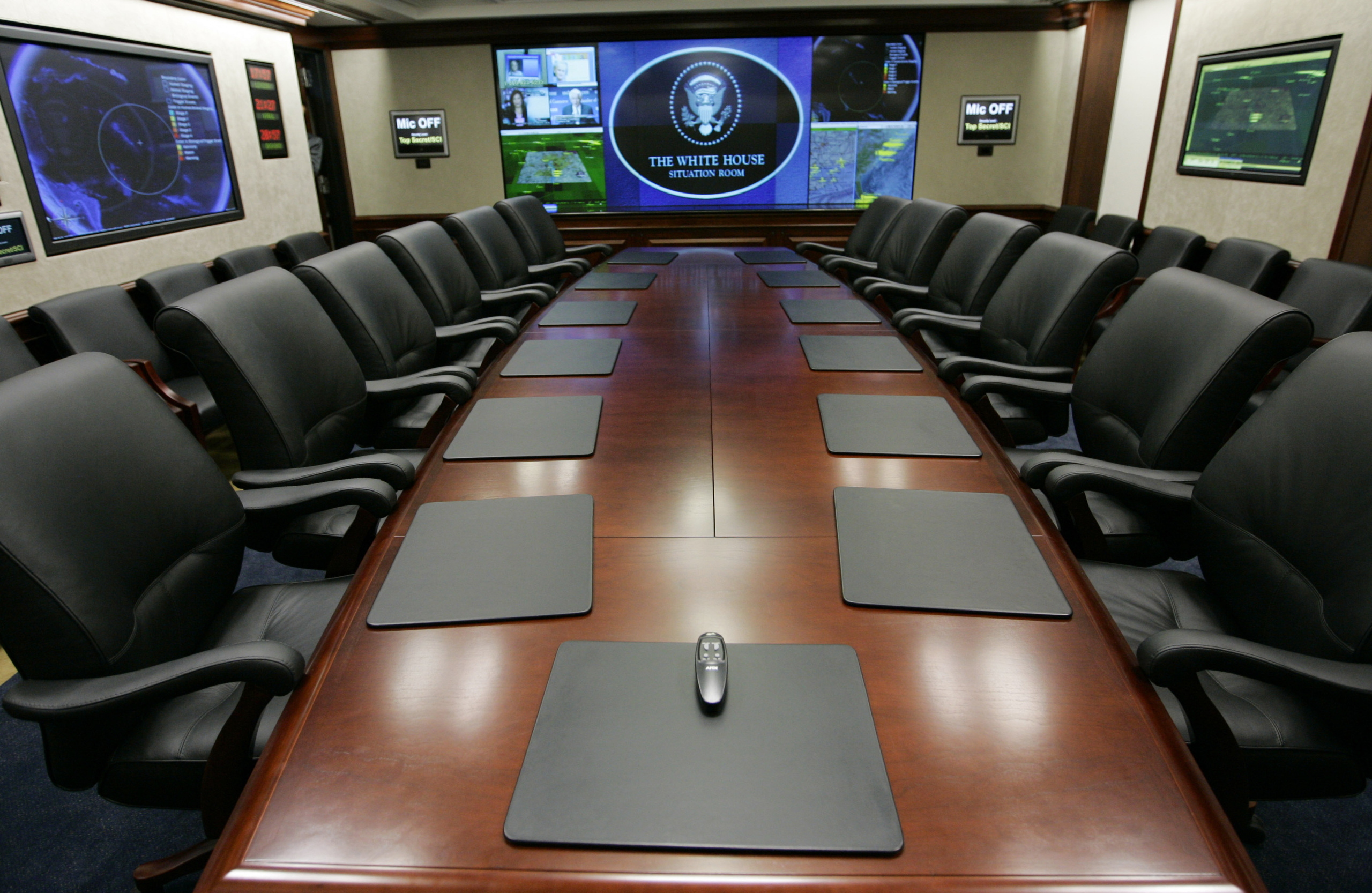 The view from former President George W. Bush's chair in the Situation Room of the White House, Washington, May 2007. (AP/Charles Dharapak)