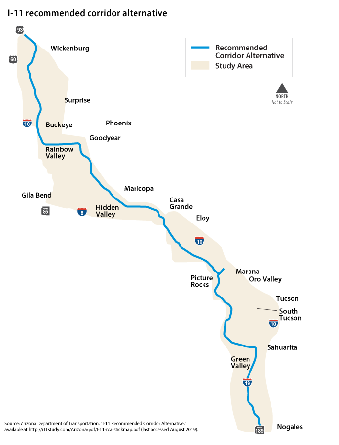Figure 1 map illustrating the I-11 recommended corridor alternative