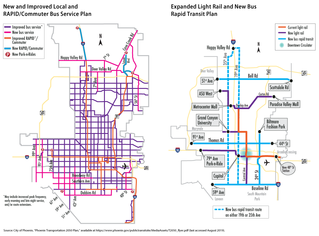 Two transportation maps from the City of Phoenix showing the new local and rapid and commuter bus service plan and the expanded light rail and new bus rapid transit plan