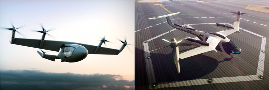 Left: Rendering of VTOL concept provided by Rolls-Royce. Right: Rendering of VTOL concept provided by Uber.
