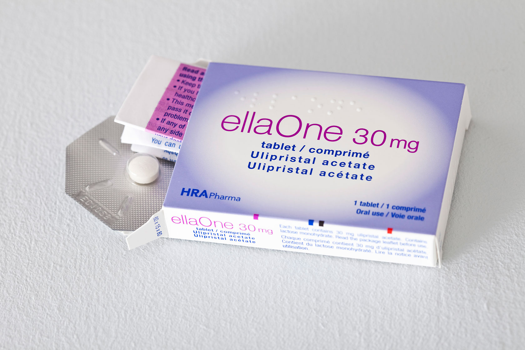Photo shows a purple/white box of the Ella pill