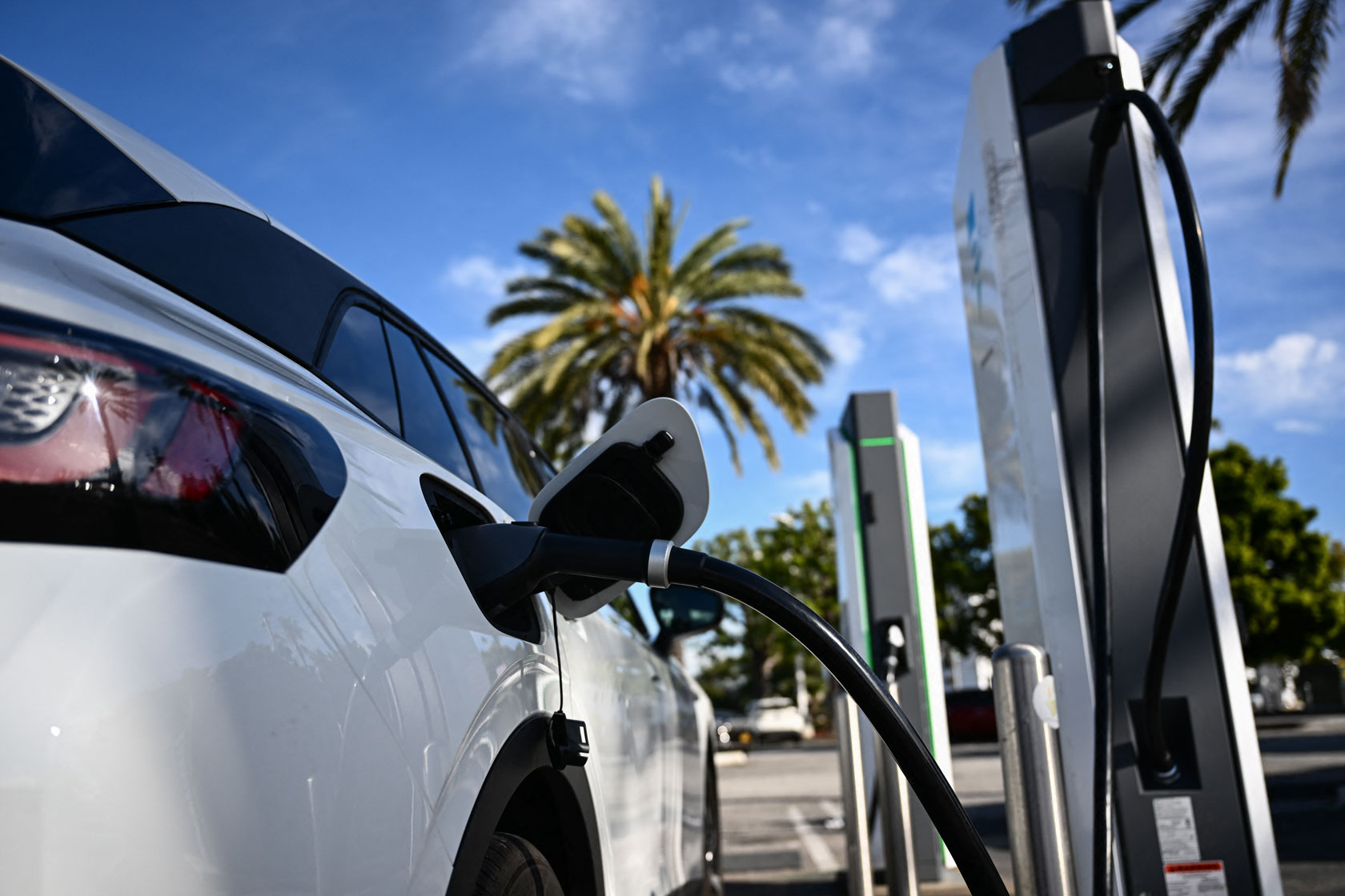 An electric car is plugged into a charging station with a palm tree in the background.