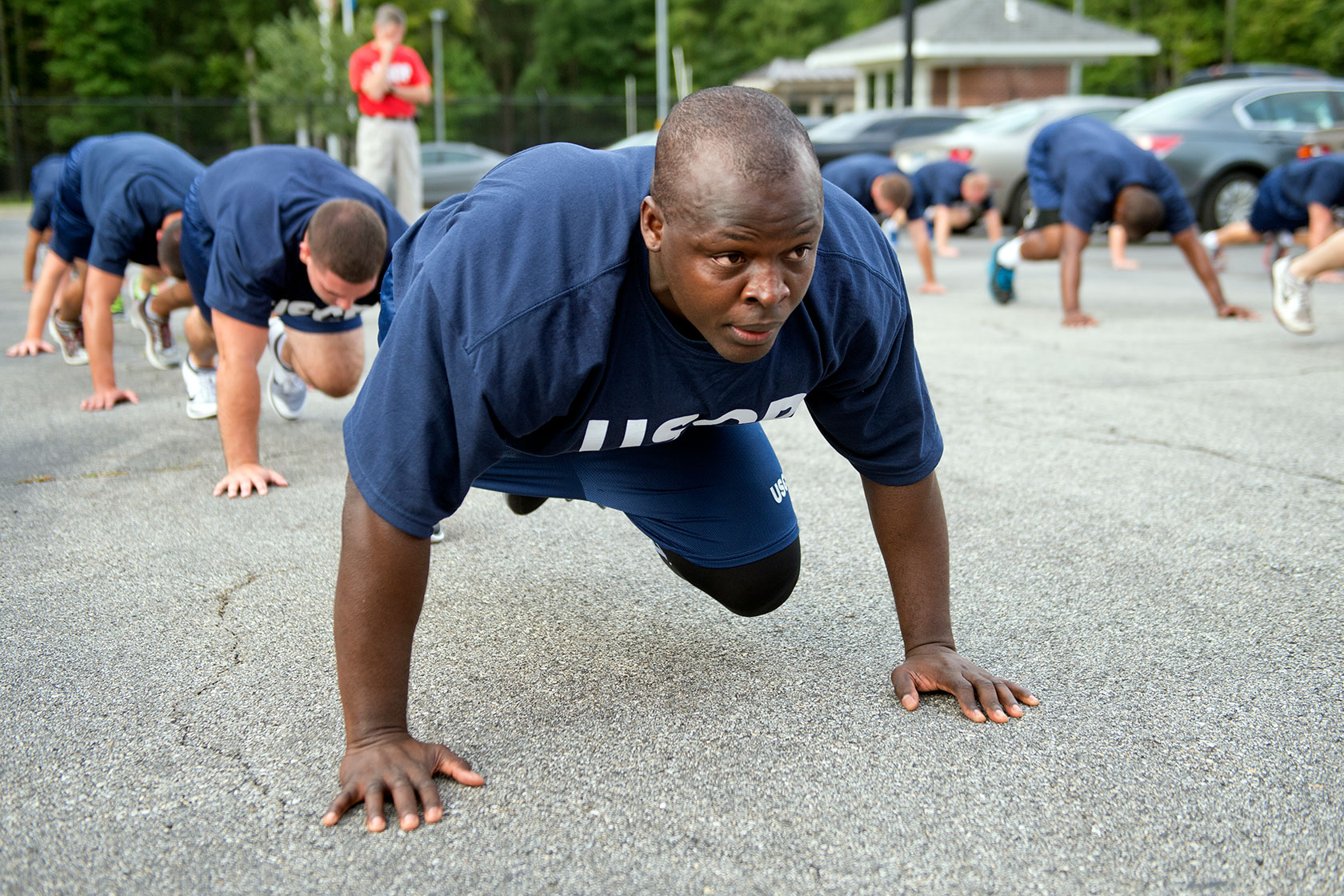 U.S. Capitol Police recruits work out in a line